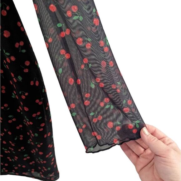 Asos Curve Black red cherry mesh overlay long sleeve square neck mini dress 12 - Picture 4 of 5